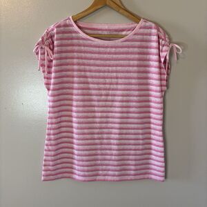 Talbots Linen Blend Top Pink Stripe Shimmer Shirt Tie Sleeves Sz Medium Petite